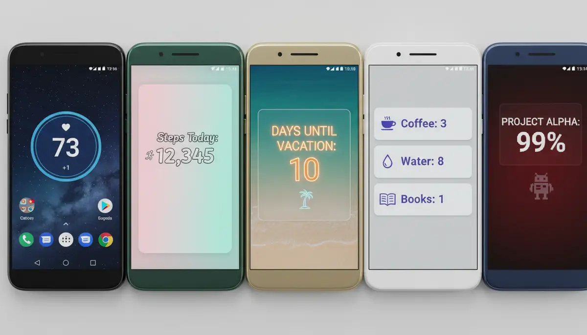 Various customizable Android counter widgets showcased on different phone models, highlighting diverse color schemes, fonts, and icon options., high-quality photography, professional lighting, sharp focus, realistic, detailed