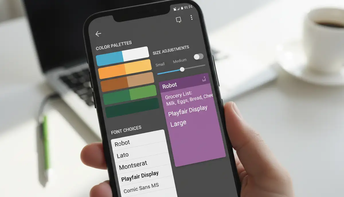 Various customization options for an Android notes widget shown on a phone screen: color palettes, font choices, and size adjustments., high-quality photography, professional lighting, sharp focus, realistic, detailed