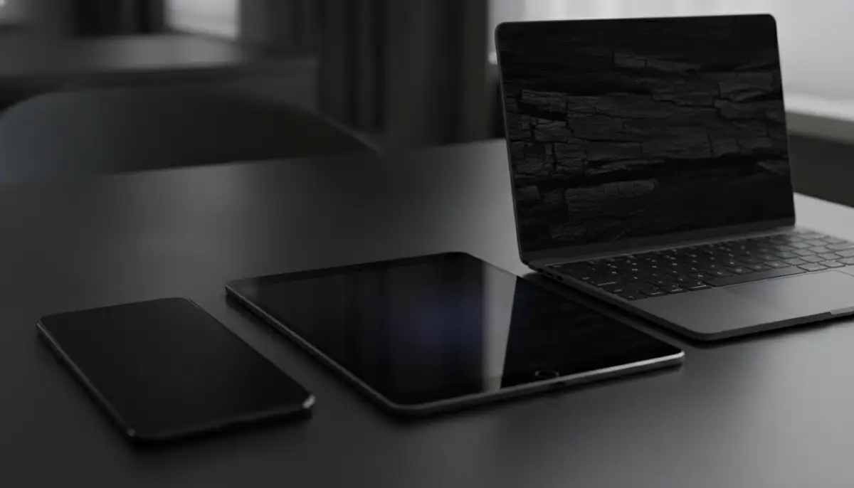 Various devices (phone, tablet, laptop) side-by-side, all featuring different shades or textures of pitch black wallpaper, demonstrating versatility., high-quality photography, professional lighting, sharp focus, realistic, detailed