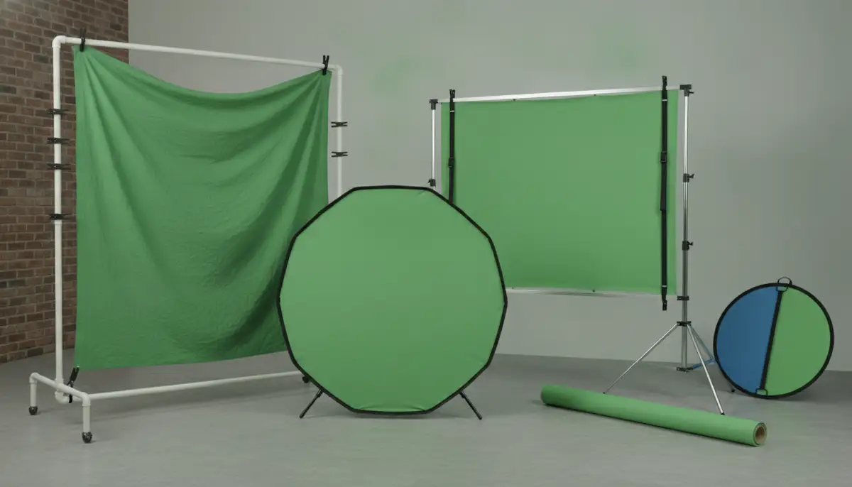 Various green screen fabrics and portable frames, illustrating different types of chroma key background green screen solutions for various budgets and setups., high-quality photography, professional lighting, sharp focus, realistic, detailed
