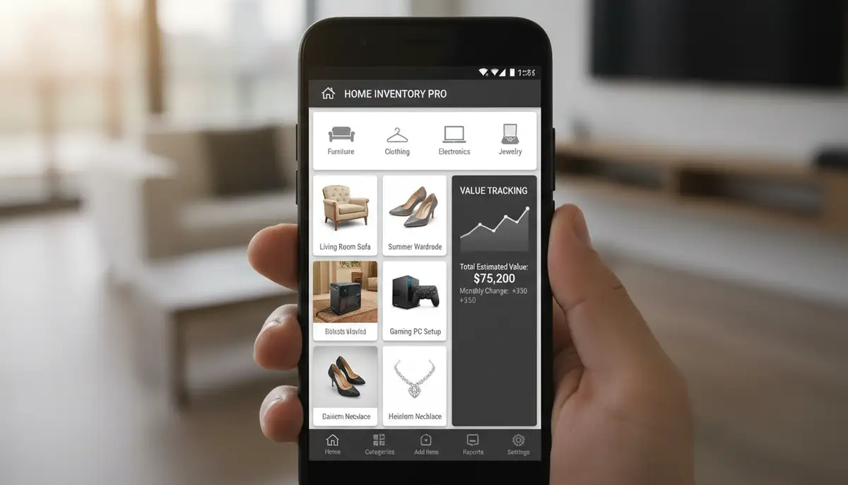 Various icons and features of a home inventory app displayed on an Android smartphone screen, showcasing categories, photos, and value tracking., high-quality photography, professional lighting, sharp focus, realistic, detailed