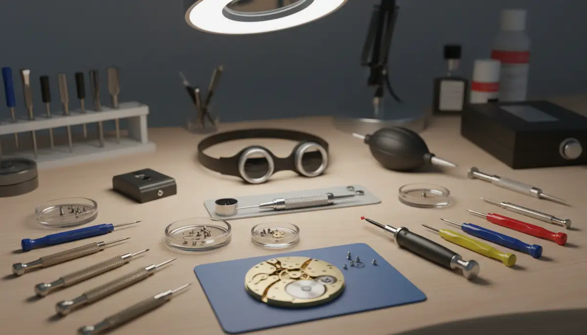 Various tools for watch repair laid out on a clean workbench, with a partially disassembled heritage collection pocket watch movement in the foreground., high-quality photography, professional lighting, sharp focus, realistic, detailed
