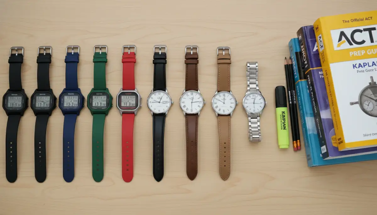 Various types of simple, non-smartwatches (digital and analog) laid out neatly on a desk next to ACT prep books., high-quality photography, professional lighting, sharp focus, realistic, detailed