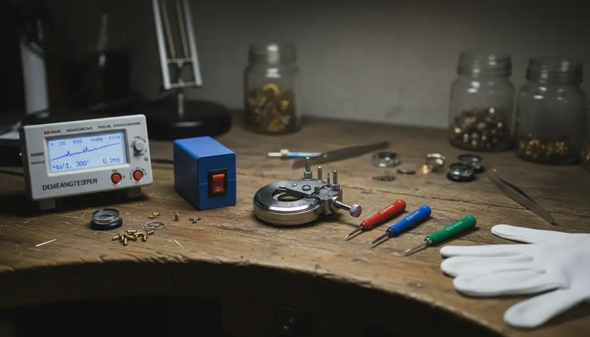 Various watch repair tools laid out neatly on a workbench: case back opener, precision screwdrivers, demagnetizer, and a timegrapher., high-quality photography, professional lighting, sharp focus, realistic, detailed