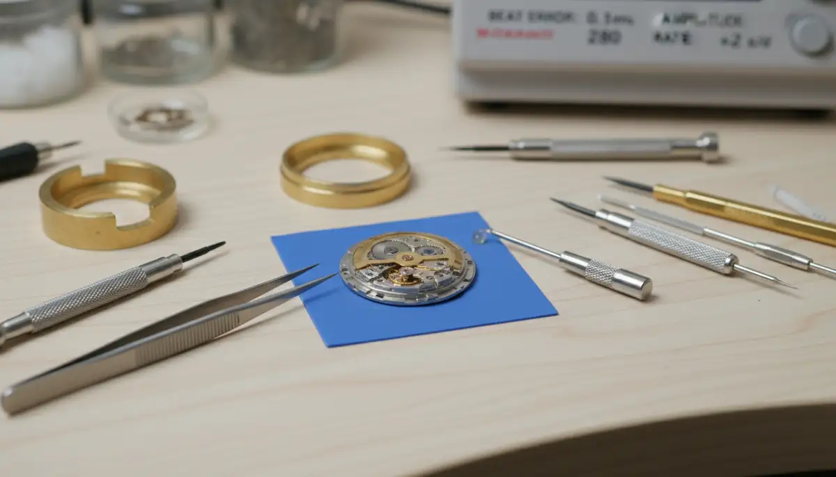 Various watch tools laid out on a clean workbench, with an open automatic watch movement, suggesting professional care and regulation., high-quality photography, professional lighting, sharp focus, realistic, detailed